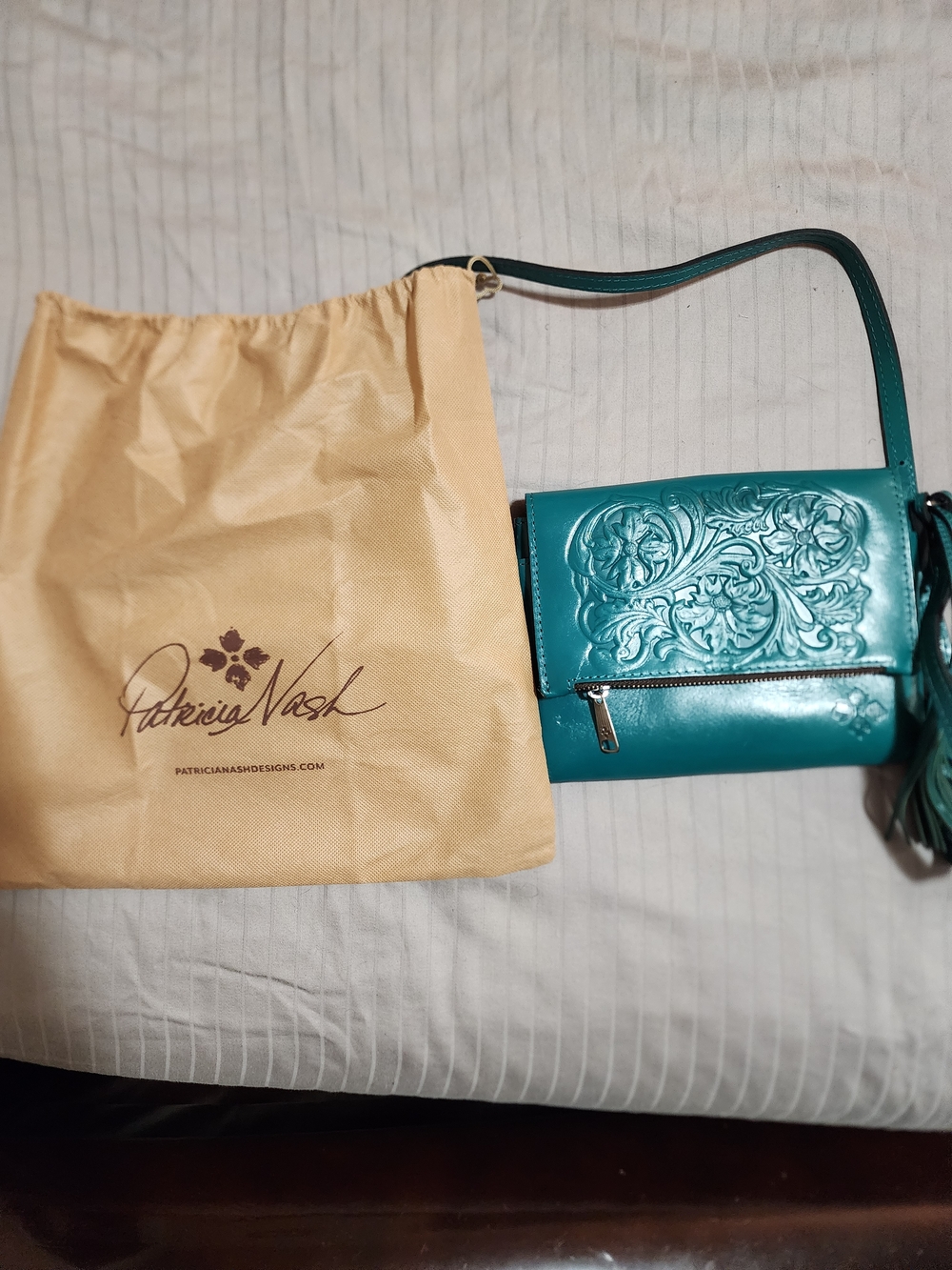 Patricia Nash Teal Embossed Leather Crossbody with Tassel